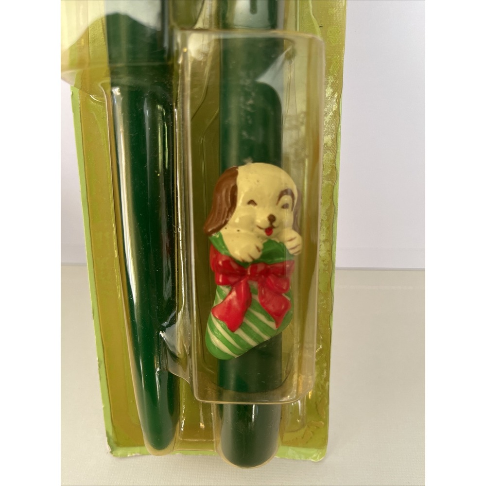 Vintage Christmas Taper Candles Dog Cat in Christmas Stockings 70s Set 2 Green‎